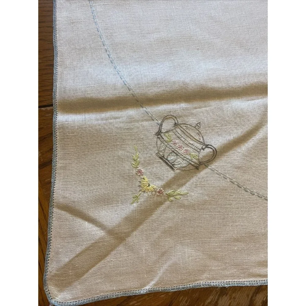 Vintage Table Cloth Linen Ivory Blue Flowers Pitcher Square  35